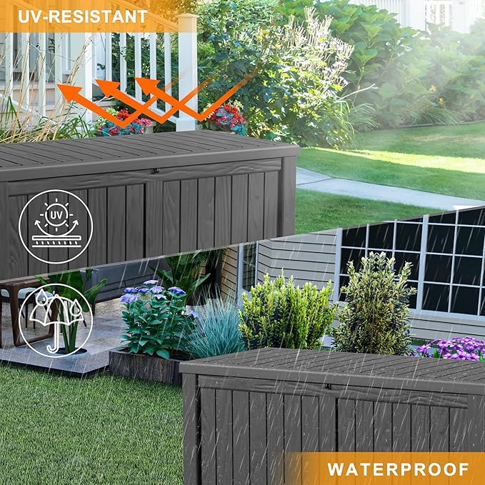 150 Gallon Outdoor Deck Box,Waterproof Resin Outdoor Storage Boxes, Outside Storage Lockable Container for Garden Tools,Indooor Cushions,Accessories (Black)