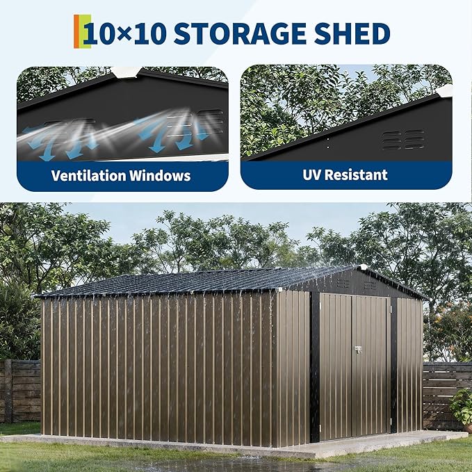 10 x 10 FT Outdoor Storage Shed,Metal Garden Sheds&Outdoor Storage Clearance, Large Tool Shed Outdoor with Single Lockable Door,Ideal Storage House for Backyard Garden Patio Lawn
