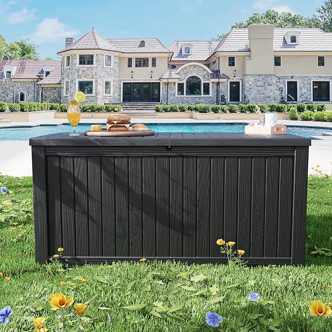 Outdoor Storage Deck Box Waterproof, 200 Gallon Large Lockable Patio Storage Bin Chest, Resin Outside Container Seat Bench for Furniture Cushions, Pool Accessories, Garden Tools & Delivery, Black