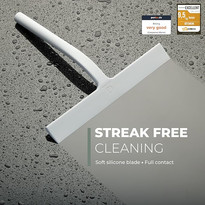 GÜTEWERK Shower Squeegee for Glass Doors, Silicone Window Squeegee, Bathroom and Glass Cleaning - White - 11 Inch