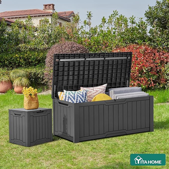 YITAHOME 120 Gallon Large Deck Box, Resin Outdoor Storage Box for Outdoor Pillows, Garden Tools and Pool Supplies, Waterproof, Lockable, Dark Gray
