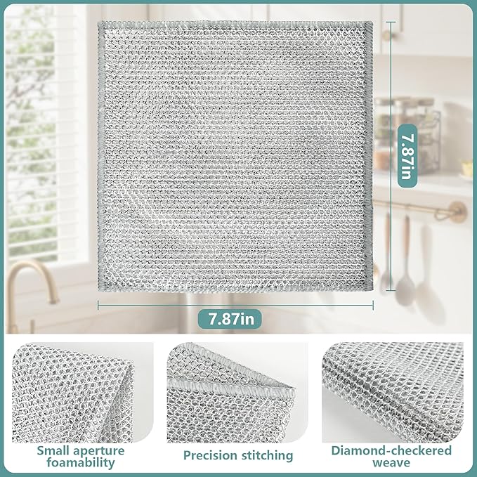 12Pcs Multipurpose Wire Dishwashing Cloths, Non-Scratch Wire Dishcloths, Double Layer & Wet & Dry Cleaning Cloths, Steel Mesh Cleaning Rags for Dishes/Metal/Home/Kitchen