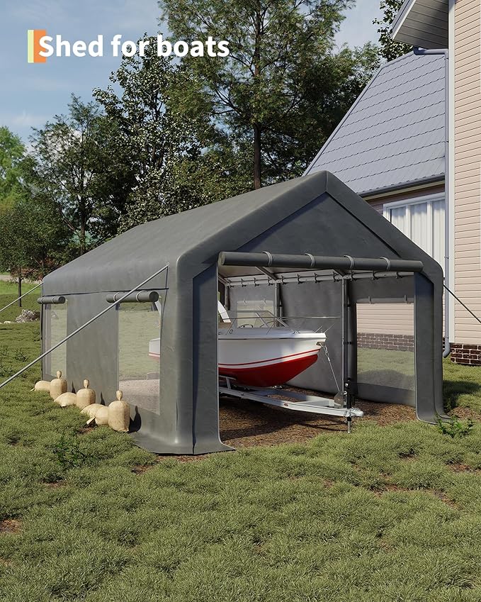 GarveeLife 13x20 ft Portable Garage, Car Port with 220 g PE Tarp Cover, with Front & Rear Roll-Up Doors and 4 Windows, for Temporary Paint Booth, Boats&Pickups Shed, and Event Shelter, Gray