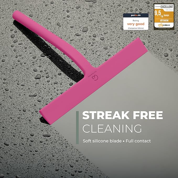 GÜTEWERK Shower Squeegee for Glass Doors, Silicone Window Squeegee, Bathroom and Glass Cleaning - Pink - 11 Inch