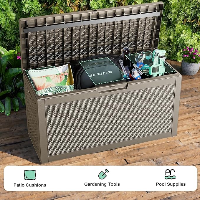 60 Gallon Waterproof Resin Deck Box, UV Resistant Outdoor Storage for Garden, Patio, Porch, Delivery（Gray，60 Gallon）