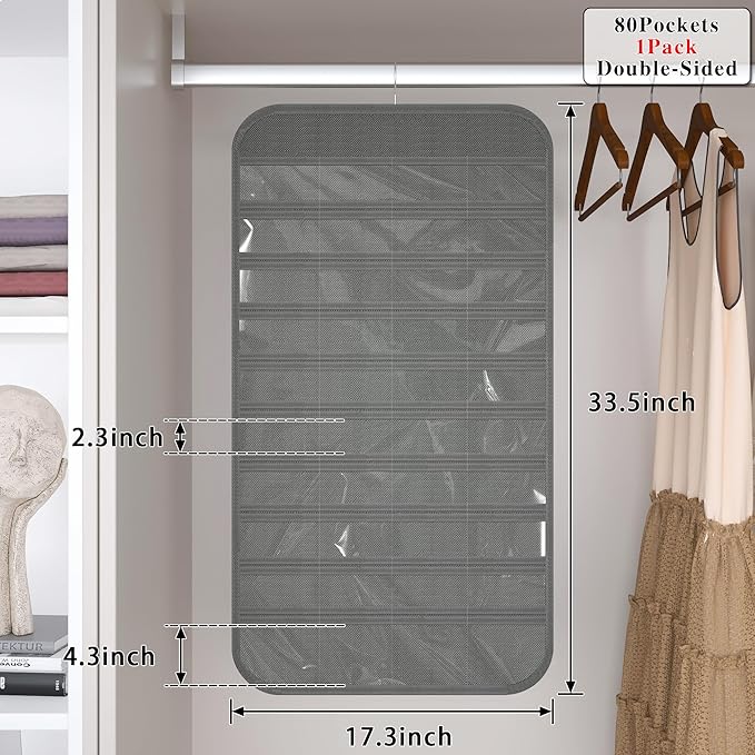 1 Pack Hanging Jewelry Organizer 80-Pocket Dual-sided Jewelry Storage for Earring Necklace Bracelet Ring Travel Holder, Gray
