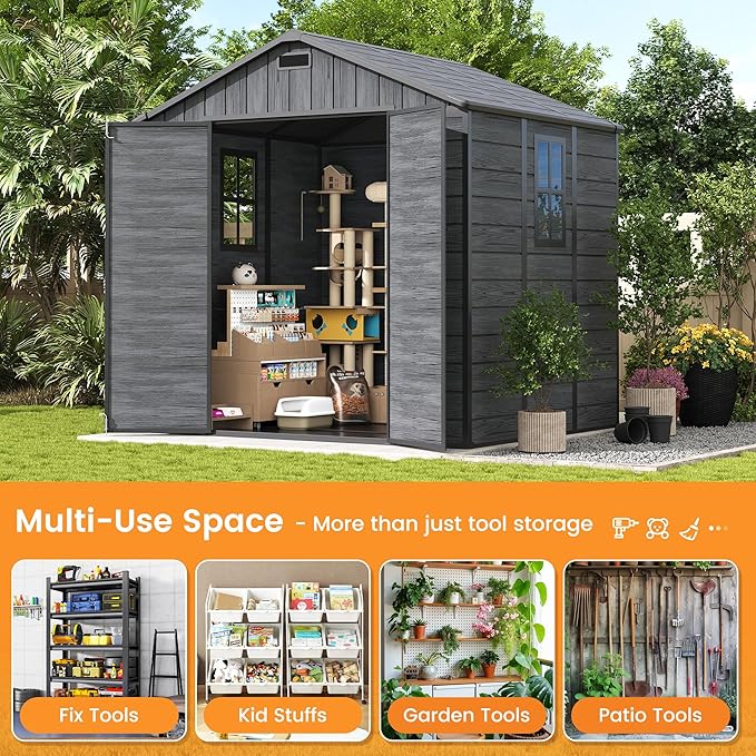 UDPATIO Resin Storage Shed 8 x 6 FT, Plastic Outdoor Storage Shed with Floor Outdside Storage Garden Patio Sheds with Lockable Door for Bike, Garbage Can, Tool, Dark Grey