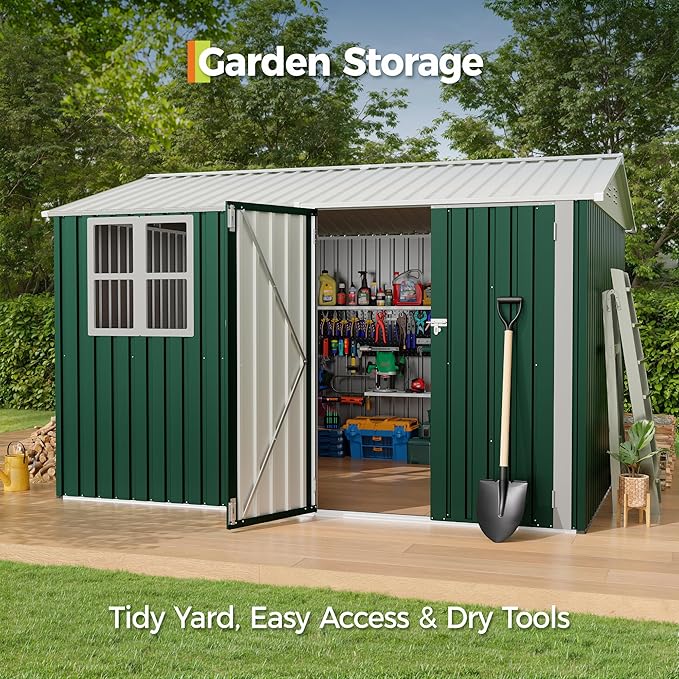 8x10 FT Outdoor Storage Shed,450CU.T Metal Tool Shed with Clear Window, Lockable Doors,Large Garden Storage Box with Sloping Roof，Sheds&Outdoor Storage for Backyard Garden Patio Lawn, Green