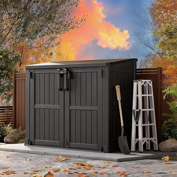 Outdoor Horizontal Resin Storage Shed,Portable Outdoor Storage Cabinet 36 Cu Ft with Lockable Doors -Waterproof Storage Box for Backyards,Easy to Assemble Black