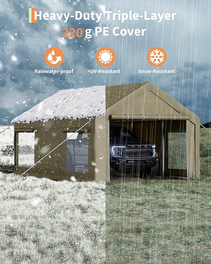 GarveeLife 12x20 ft Portable Garage, Car Port with 200 g PE Tarp Cover, with Front & Rear Roll-Up Doors and 4 Windows, for Temporary Paint Booth, Boats&Pickups Shed, and Event Shelter, Khaki