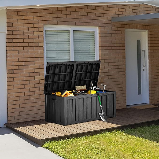 Outdoor Storage Box Waterproof, 180 Gallon Lockable Resin Deck Box Large Storage Bin for Patio Furniture Cushion, Garden Tools, Pool Accessories, UV-Resistant Outside Delivery, Black