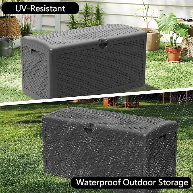 Outdoor Storage Box, 90 Gallon Lockable Resin Deck Box Waterproof, Patio Storage Bin for Furniture Cushion, Garden Tools and Pool Accessories, UV-Resistant Bench Cabinet for Outside, Black