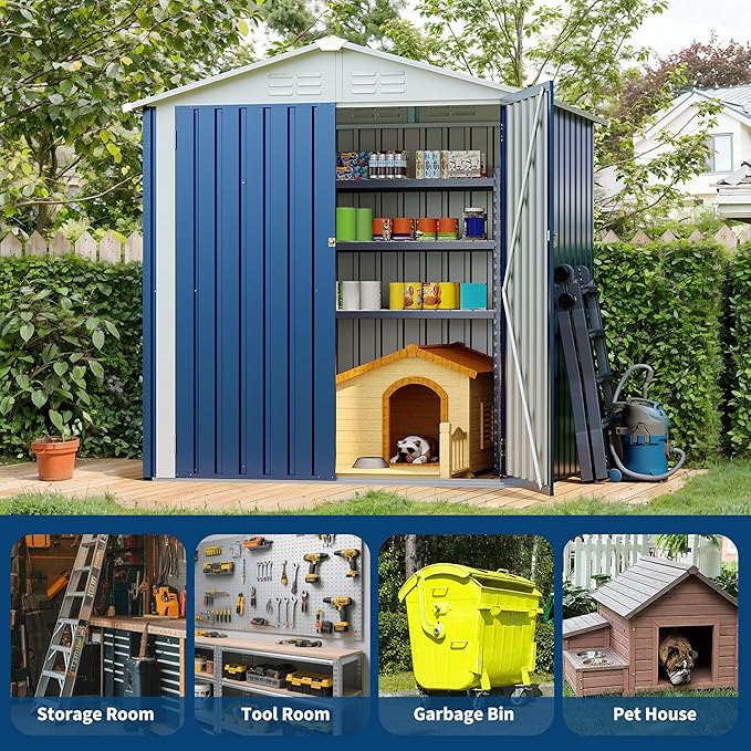 6x4 FT Outdoor Storage Shed, Garden Tool Storage Shed with Sloping Roof and Double Lockable Door, Outdoor Sheds with Panel Protection for Backyard Garden Patio Lawn,Navy Blue