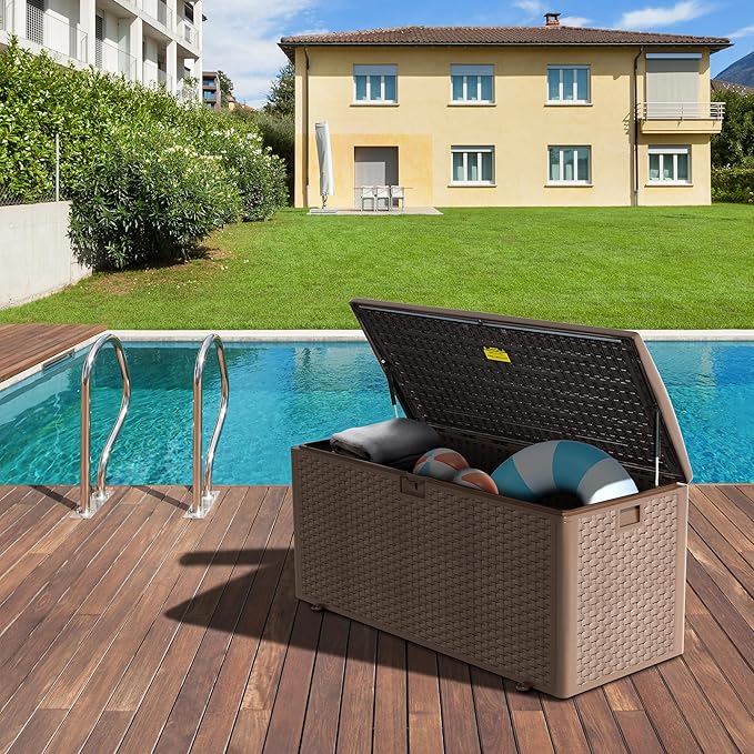 180GAL Deck Box -Grey,Wheeled Footlocker,Waterproof Resin Storage Bin for Patio Cushions
