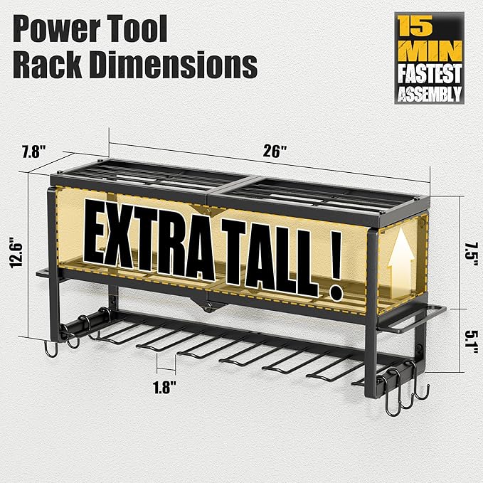 Power Tool Organizer, 7 Drill Holder for Tool Organizer, Storage and Organization for Garage, Heavy Duty Metal Tool Shelf Utility Rack for Cordless Power Tools Suitable for Pegboard/Workshop