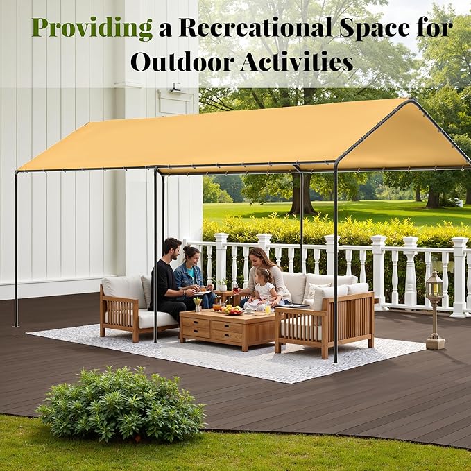 Carport, 10‘ x 20’ Heavy Duty Portable Garage All-Season Car Canopy, Outdoor Garage Boat Shelter Carport Canopy Party Tent w/Water-Resistant Tarp for Backyard (Yellow, 10' x 20' /no Side)