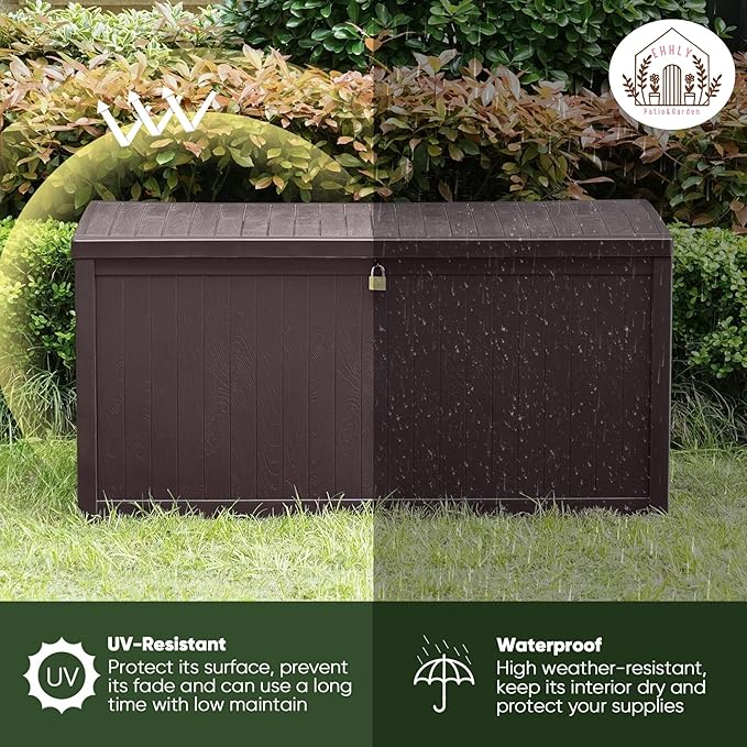 EHHLY 120 Gallon Outdoor Storage Box Large, Lockable Outside Containers Waterproof Patio Cushions Storage Deck Boxes, Plastic Garden Hose Boxes Resin Pool Storage Bins, Brown