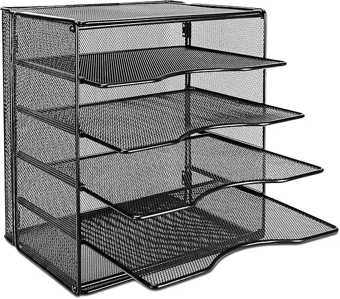 Amazon Basics 5-Tier Mesh Desk Organizer, File Holder, Paper Sorter for Office Supplies, Mail, Documents, 13.6 x 9.5 x 12.8 inches, Black
