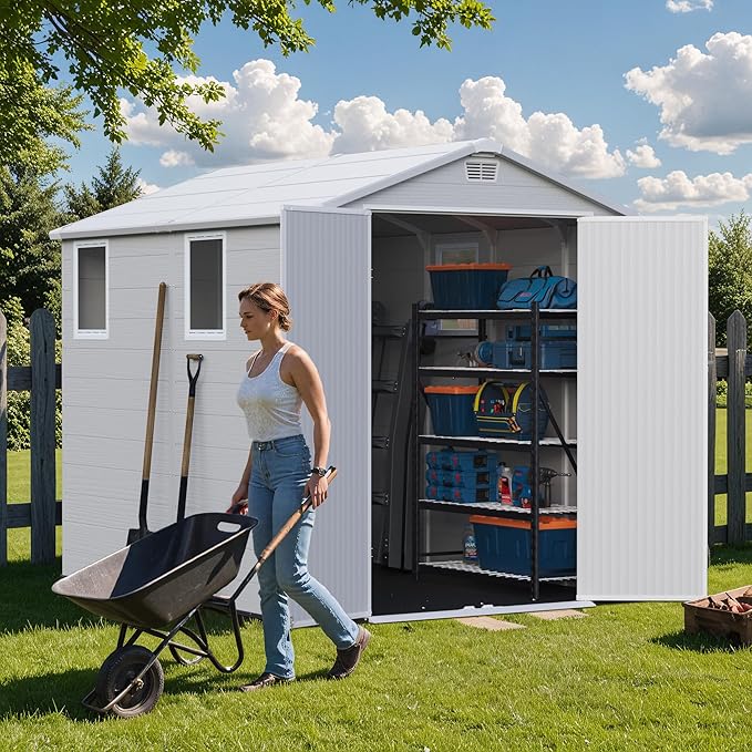 Greesum 6x8FT Plastic Outdoor Storage Shed with Floor, Resin Sheds with Lockable Double Door, Tool Sheds with Window and Vents, for Garden, Backyard, Patio, Light Gray