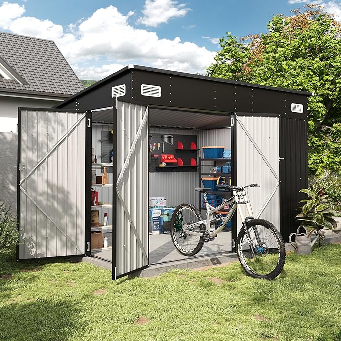 Aoxun 9.4' x 7.3' Shed 360 CU.FT Outdoor Waterproof Storage Shed with Triple Lockable Door Garden Metal Tool Shed for Outside