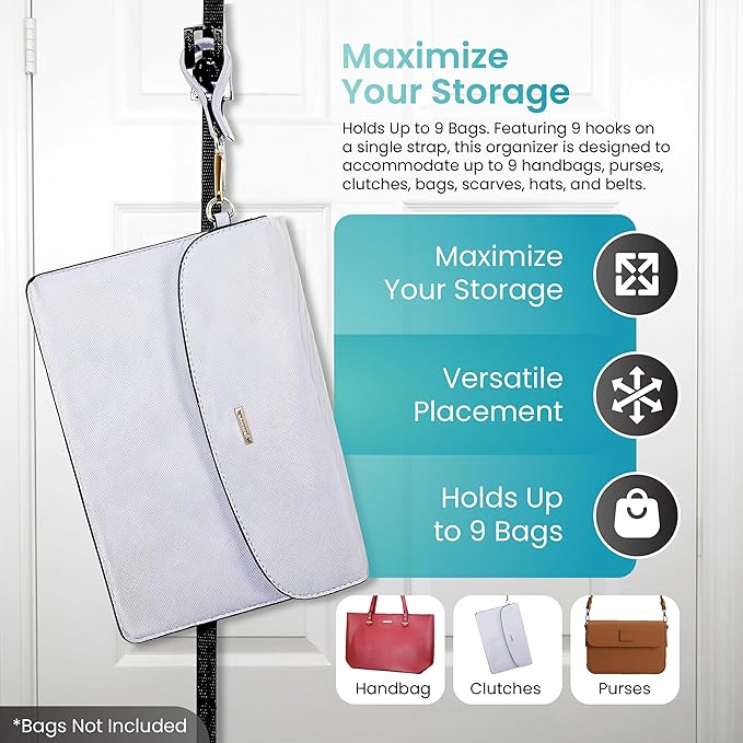 Perfect Curve Handbag and Purse Organizer | Hold up to 18 Bags | Over The Door Organizer for Purses and Handbags | Adjustable Clips | 2 Straps | Black