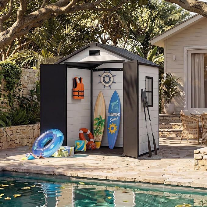 6x4 FT Outdoor Storage Shed with Floor, Plastic Resin Garden Shed with Window & Sloping Roof & Lockable Door for Patio Backyard Garden, Lawn Mower, Bike, Tool Storage