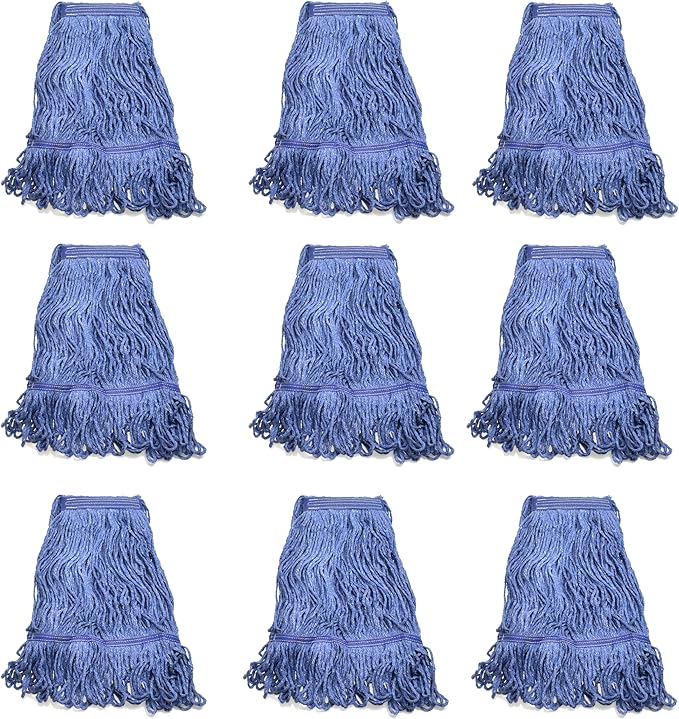 Heavy Duty Commercial Mop Head Refill - Industrial Grade Blue Cotton Looped-End String for Wet Mopping, Long-Lasting (9 Pieces Pack)