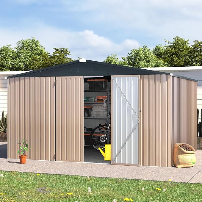 AECOJOY 10' x 12' Shed, Outdoor Storage Shed, Large 12x10 Metal Sheds & Outdoor Storage Clearance Steel Yard Shed with Lockable Doors, Utility and Tool Storage Garden Shed for Backyard, Outside