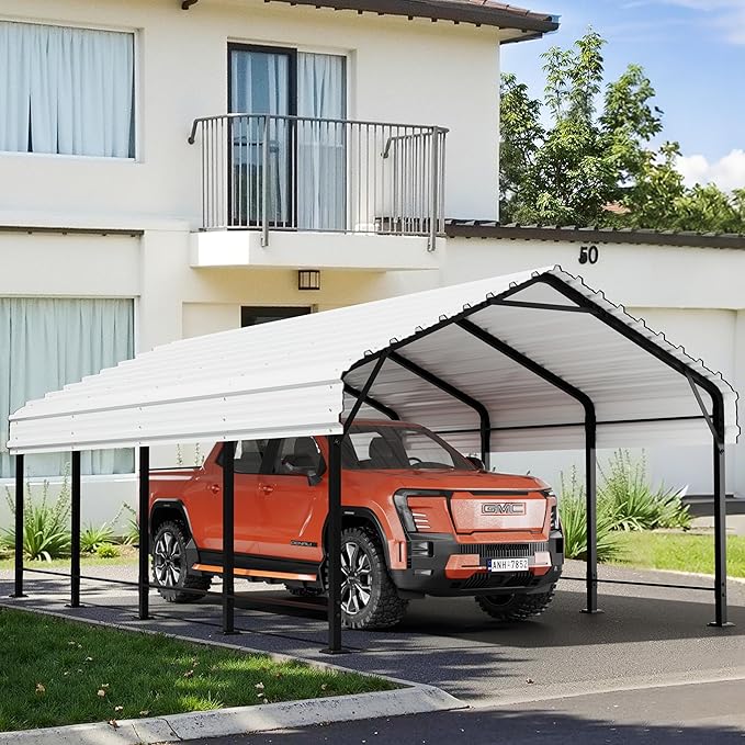 Walsunny Metal Carport 12x15 FT Heavy Duty Carport Canopy with Enhanced Base, Outdoor Car Shelter with Galvanized Steel Roof and Frame Garage for Truck, SUV, Boat, White