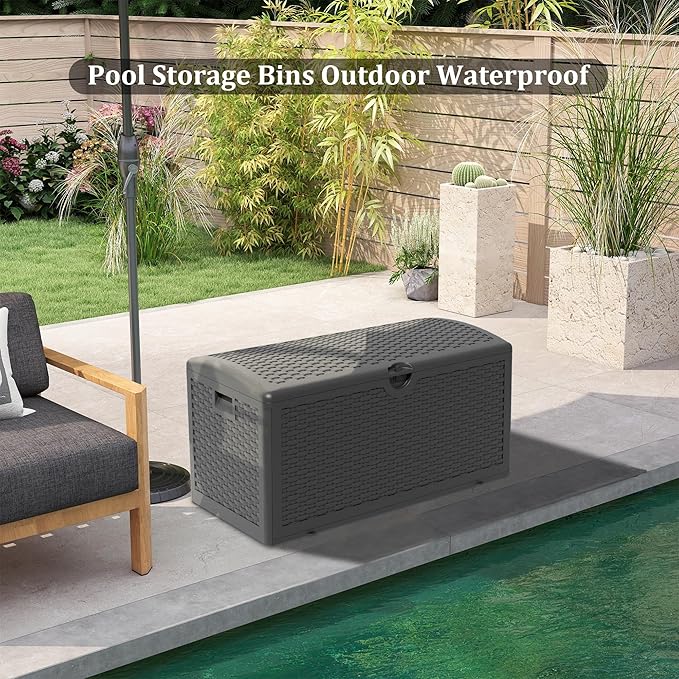 Outdoor Storage Deck Box Waterproof,90 Gallon Lockable Patio Package Delivery Bin as Seat, Resin Storage Container Bench for Furniture Cushions, Pool Accessories, Garden Tools, Black