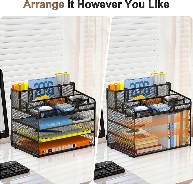 Docnest 4 Tier Mesh Desk Organizer, Multi-Functional Paper Letter Tray with 5 Adjustable Compartments & 3 Pen Holders - Space-Saving Desktop Storage for Office Files, Mail, Stationery - Black