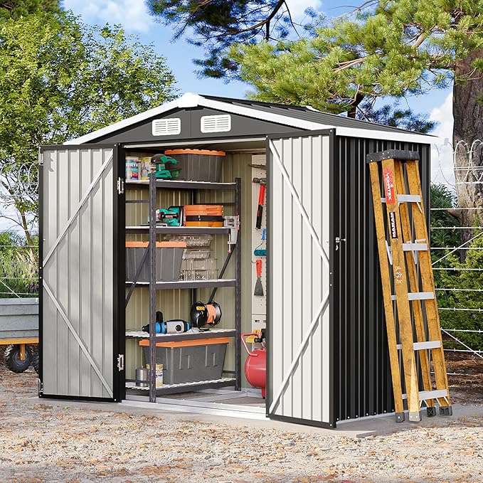 6x4 FT Outdoor Storage Shed with Base, Metal Garden Tool Shed with Sloping Roof & Lockable Door for Patio Lawn Backyard (Black with Base)