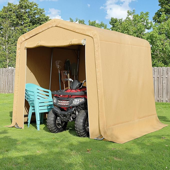 CHARMELEON 8x8FT Heavy Duty Outdoor Storage Shelter,Portable Garage Shelter for Garden Tool Motorcycle Bike,All-Steel Metal Frame Storage Tent with Dual Doors & Thickened Fabric (Khaki)