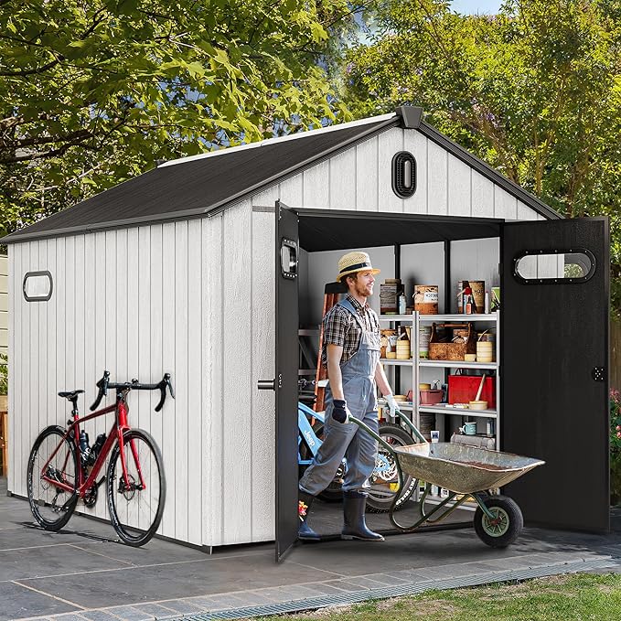 YITAHOME 8x10ft Outdoor Plastic Storage Shed with Floor, Extra Thick Waterproof Garden Shed with Lockable Door, Oval Vision Windows &Vents, 16mm Heavy Duty Tool Storage for Patio, Lawn, Gray