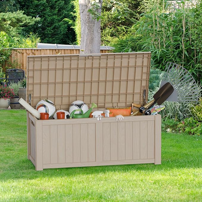 Outdoor Storage Deck Box Waterproof, 150 Gallon Large Lockable Patio Storage Bin Chest, Resin Outside Container Seat Bench for Furniture Cushions, Pool Accessories, Garden Tools & Delivery, Grey