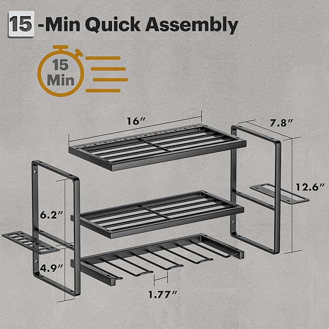 Heavy Duty Power Tool Organizer Wall Mount, 3-Layer Metal Rack with 4 Drill Holders, Garage Storage for Cordless Tools, Ultimate Christmas Gifts for Men, Husband, Dad, DIYers