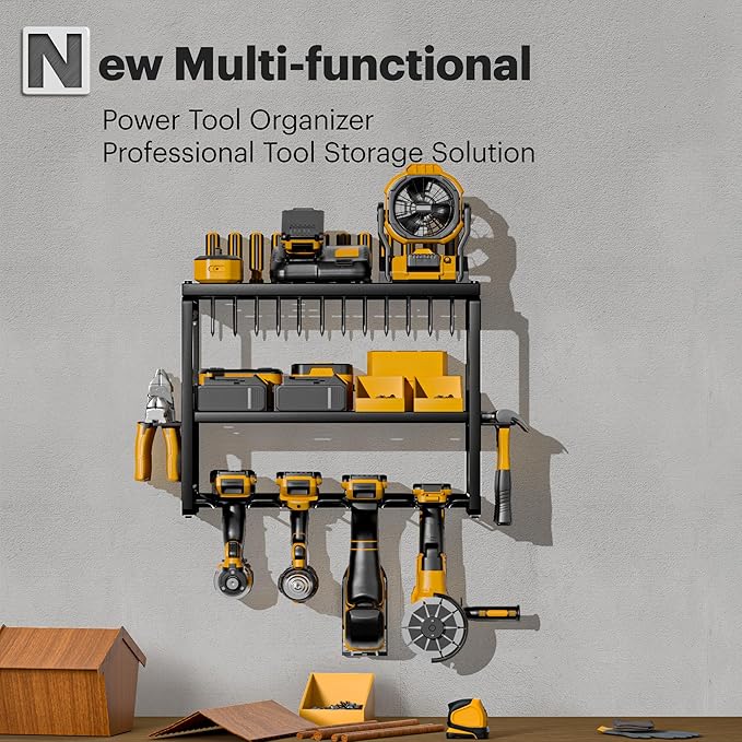 Power Tool Organizer Wall Mount, 3 Layers Storage Rack with 4 Drill Holders, Garage Storage Rack for Handheld, Metal Tool Shelf Utility Rack for Cordless Power Tools, Suitable for Giving men