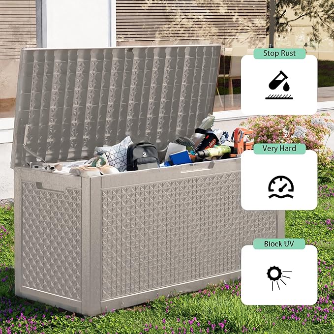 New 100 Gallon Outdoor Storage Box, Resin Deck Boxes Waterproof, Indoor Outdoor Bin for Package Delivery, Patio Cushions, Gardening Tools, Lockable, UV Resistant