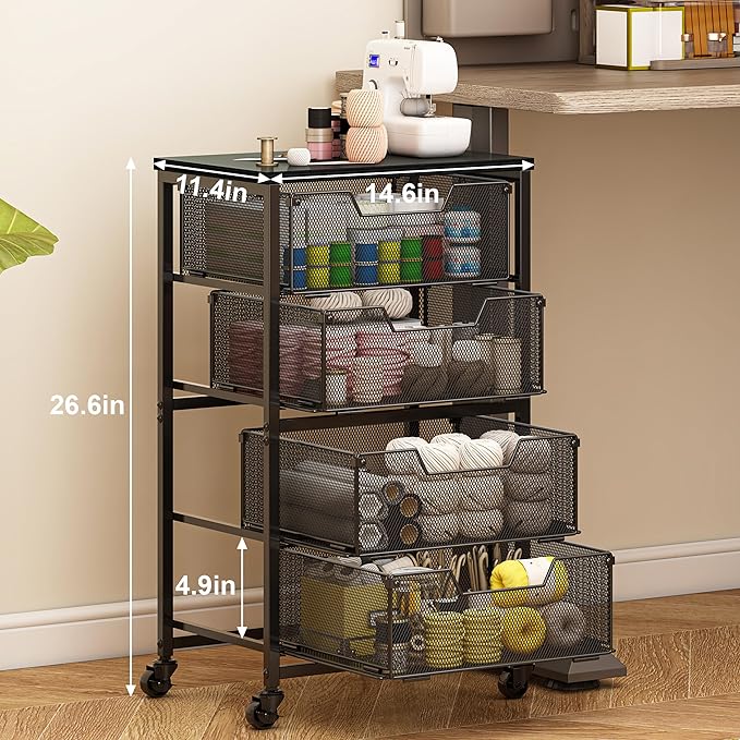 Rolling Cart with Drawers, 4-Drawer Storage Cart on Wheels with Wooden Top, Metal Utility Cart with Storage Drawers, Craft Storage Art Cart for Classroom, Office, Kitchen, Bedroom,Patent Pending
