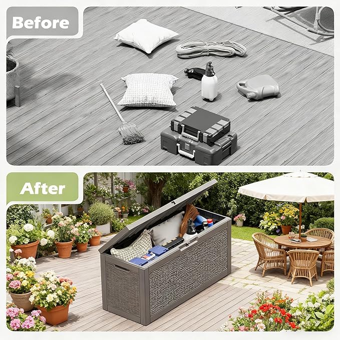 71 Gallon Outdoor Storage Box, Resin Deck Boxes Outdoor Waterproof For Patio Furniture, Garden Tools, Pool Supplies, Lockable And UV Resistant (Rattan Gray)