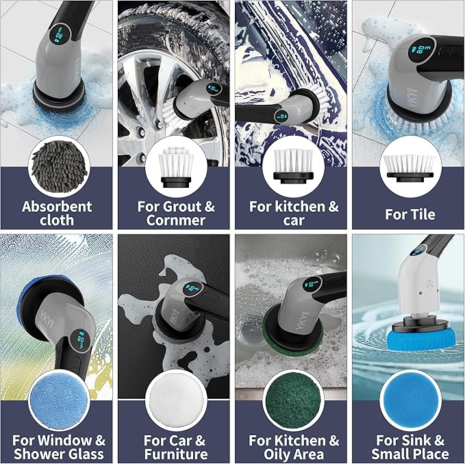 YKYI Electric Spin Scrubber-Cordless Power Scrubber with 8 Brush Heads, 3 Speeds & Adjustable Long Handle, IPX7 Waterproof Shower Cleaning Brush for Bathroom Tile, Bathtub, Grout, Kitchen(Grey)