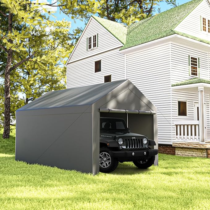 10x20 Carport, Heavy Duty Carports with Removable Sidewalls, Waterproof and UV-Resistant, Portable Outdoor Garage Shelter for Cars, Vehicles, and Boats (Grey)