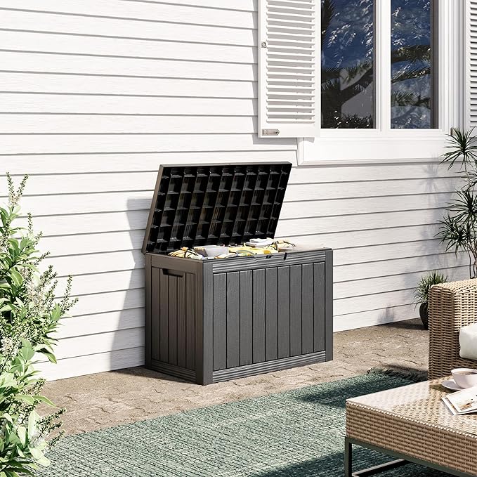 45 Gallon Outdoor Storage Box, Resin Deck Boxes Outdoor Waterproof For Patio Furniture, Garden Tools, Pool Supplies, Lockable And UV Resistant (Striped Black)