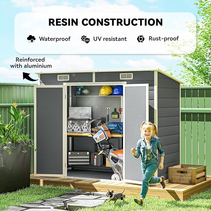 Outsunny 8' x 4' Outdoor Storage Shed, Waterproof Resin Plastic Shed with Floor, Window, Lockable Doors and Vents, All-Weather Garden Tool Shed for Backyard, Patio, Lawn, Gray