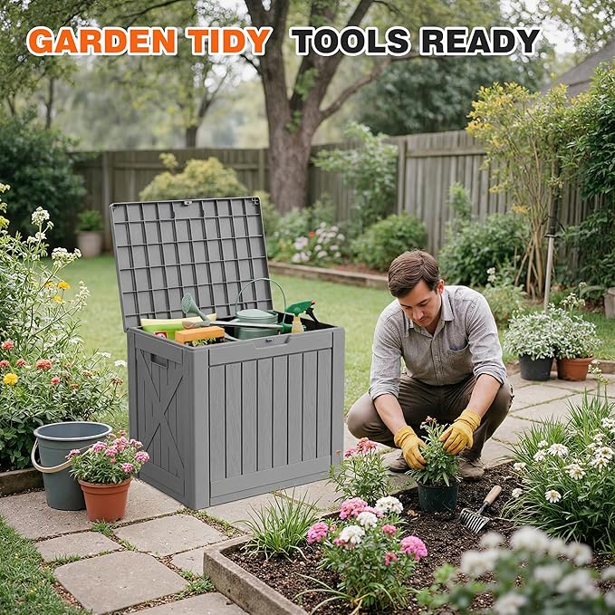 42 Gallon Outdoor Storage Box, Lockable Resin Deck Box for Patio, Yard, and Poolside, Waterproof & Sunproof Organizer for Furniture, Tools, Pool Supplies, Gray