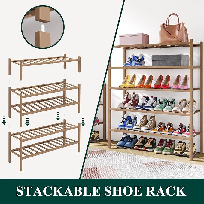 Smiry Shoe Rack, 5 Tier Thick Bamboo Shoe Organizer, Stackable Free Standing Wooden Shoe Storage Shelf for Closet, Entryway, Front Door Entrance, Walnut