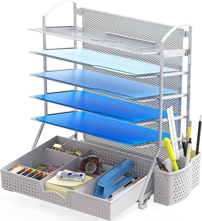 Simple Houseware 6-Tier Desk Document File Tray Organizer with Supplies Sliding Drawer, Silver