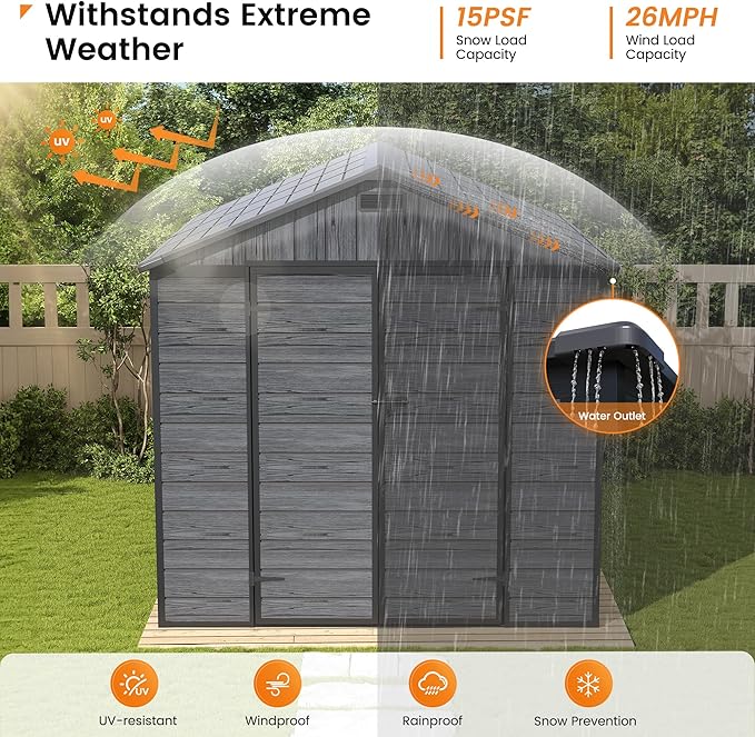 UDPATIO 8 x 8 FT Resin Storage Shed, Plastic Outdoor Storage Shed Clearance Sheds with Floor Included Solitude Cottage Shed She Sheds Garden Tool Shed with Lockable Door for Backyard, Patio, Dark Grey