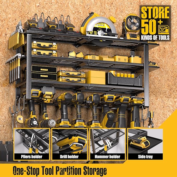 420LB Capacity Power Tool Organizer with Charging Station & 6 Outlets | Quick Assembly 4-Layer Heavy Duty Rack for Drills & Batteries | Ultimate Garage Storage & Christmas Gift for Men