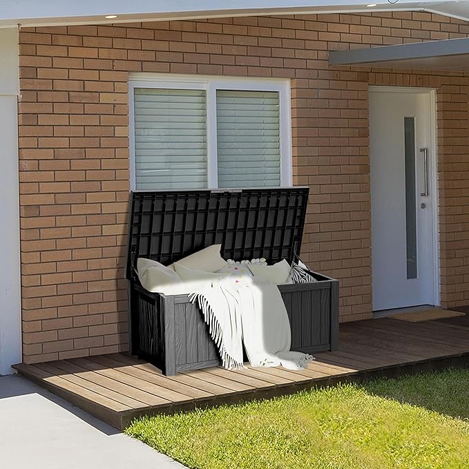 Outdoor Storage Box, 150 Gallon Resin Deck Box Waterproof for Patio Furniture, Garden Tools and Pool Accessories, Lockable UV-Resistant Storage Bin Bench Cabinet for Outside, Black